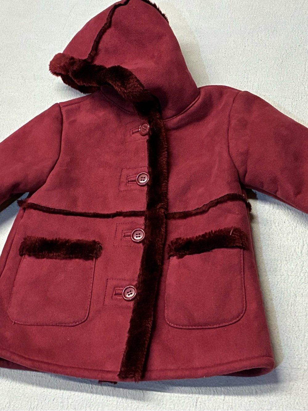 Vintage HSE Burgundy Faux Suede Faux Fur Hooded Winter Coat Baby 12M Y2K